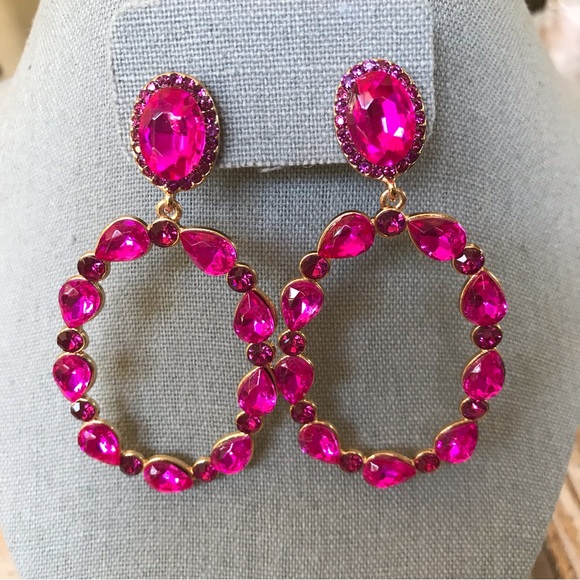 bijoux Jewelry - Earrings Dangling Hot Pink Rhinestones Hoop